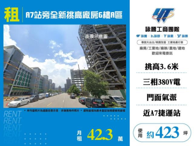 A7站旁全新挑高廠房6樓A區